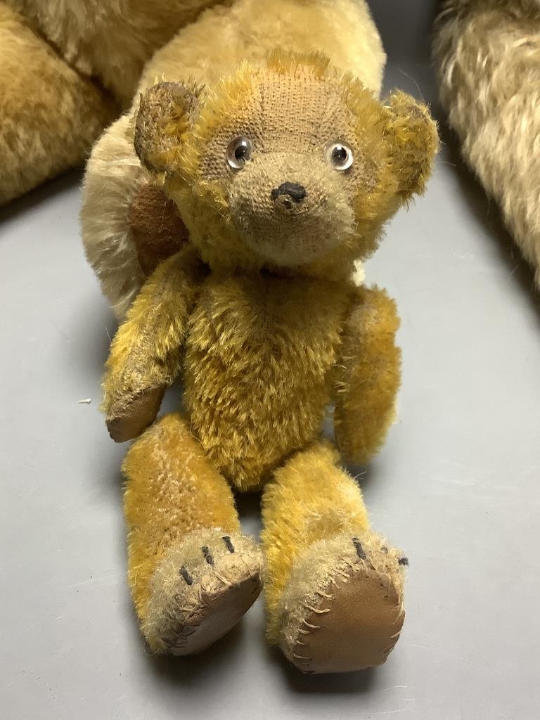 A vintage large plush jointed teddy bear with glass eyes and long muzzle, a later smaller jointed bear and a similar miniature bear, length 58cm